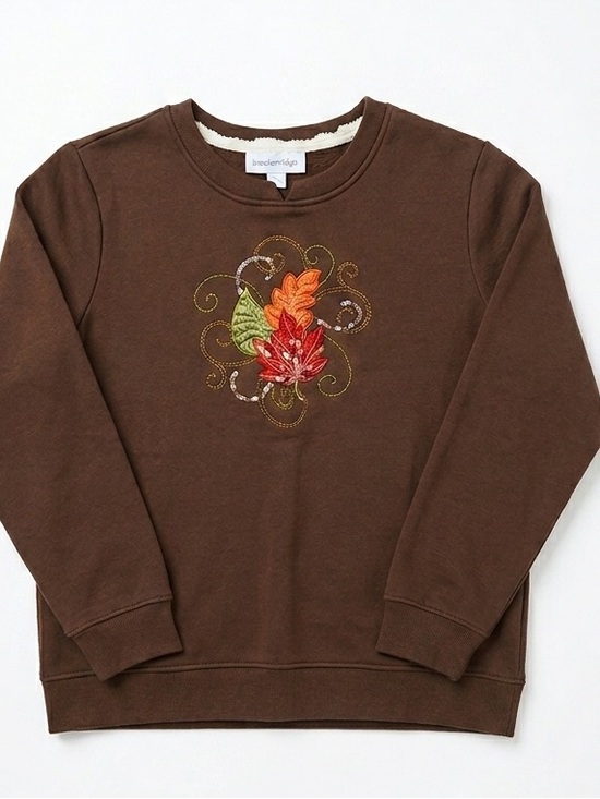 breckenridge Tops - Breckenridge Vintage Autumn Leaves Embroidered Brown Sweatshirt Fall Aesthetic L